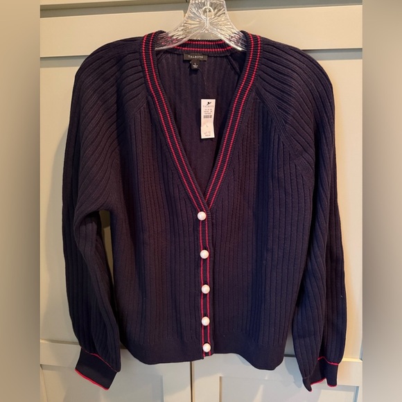 Talbots Sweaters - NWT Talbots Navy V-Neck Cardigan w Red Trim and Faux Pearl Accents SZ L